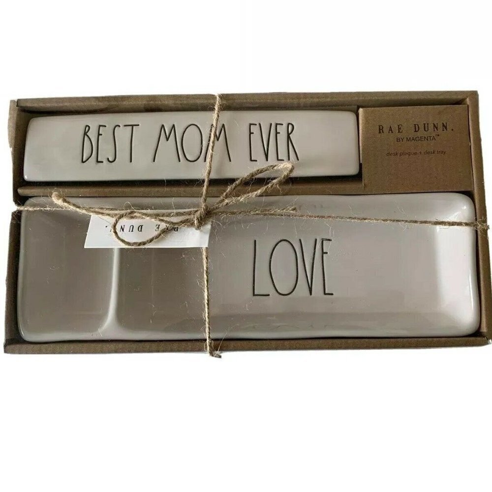 NWT - Rae Dunn By Magenta Ceramic “Best Mom Ever & Love” Desk Plaque & Tray Set